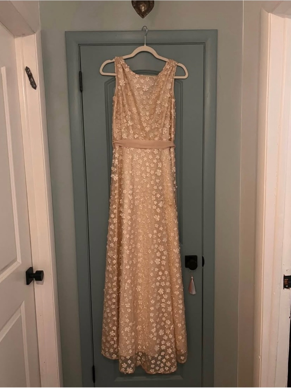 Tahari Champagne Floral Lace Maxi Dress